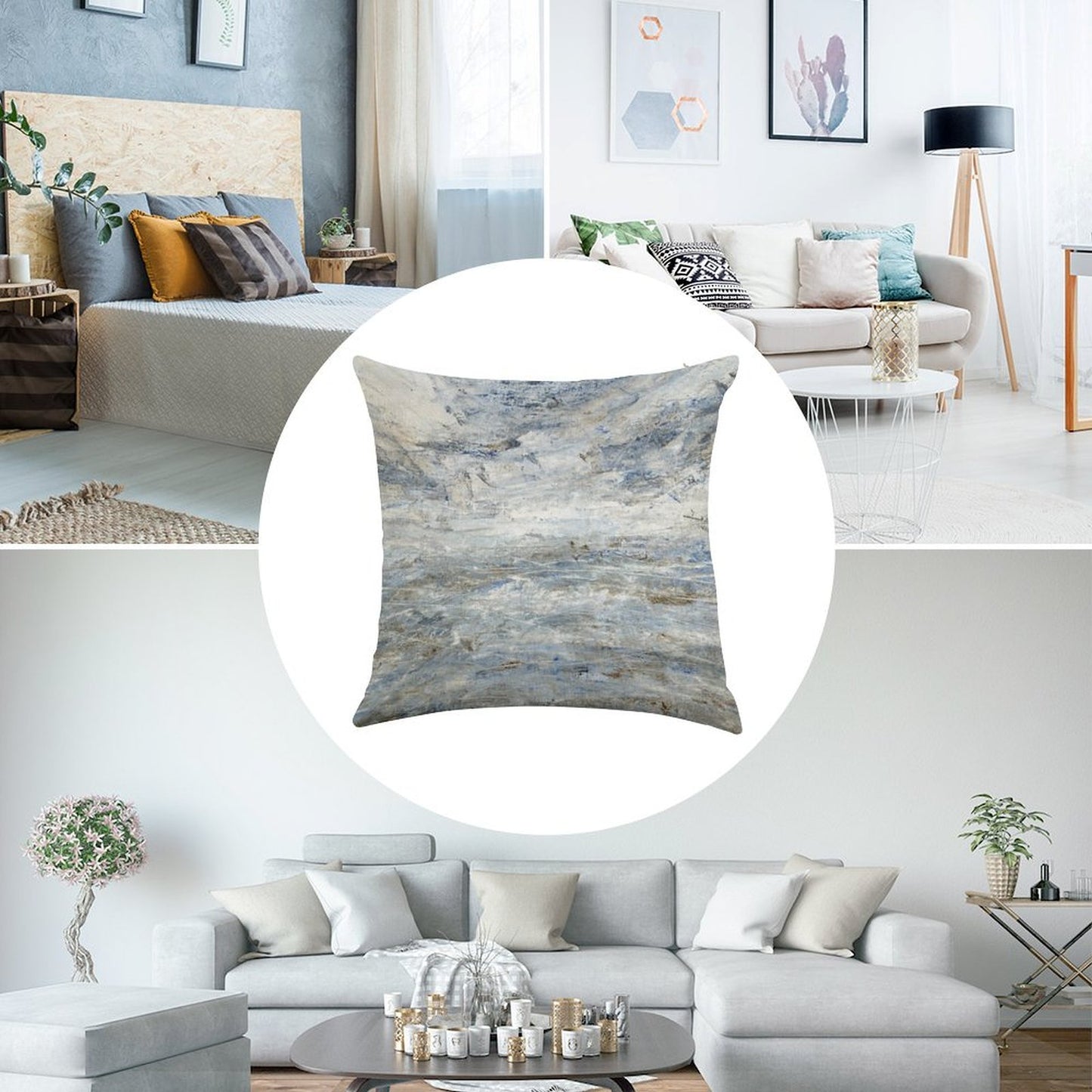 Abstract Seascape in Grey And Blue Linen Throw Pillow Cover
