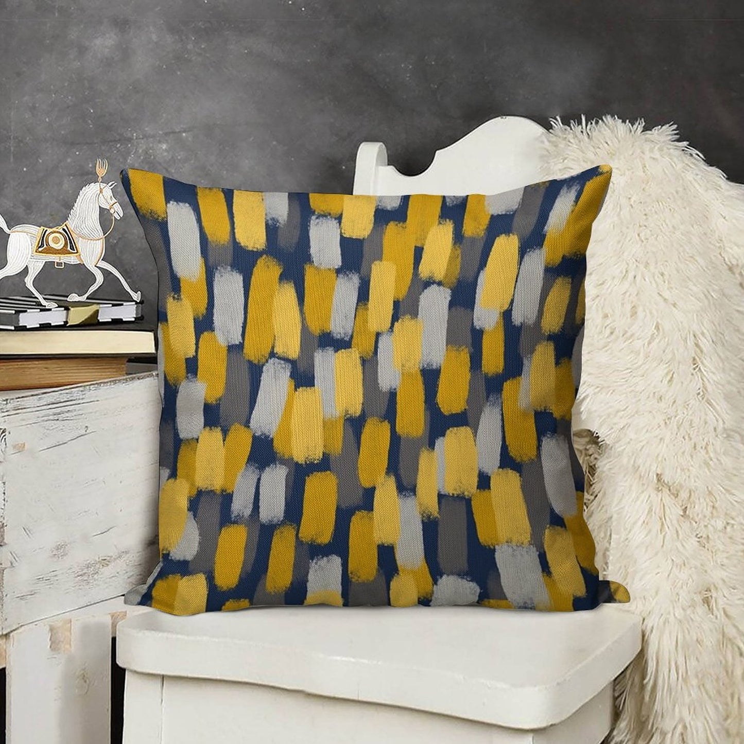 Abstract Grey And Mustard Yellow Paint Brush Effect on Navy Blue Linen Throw Pillow Cover