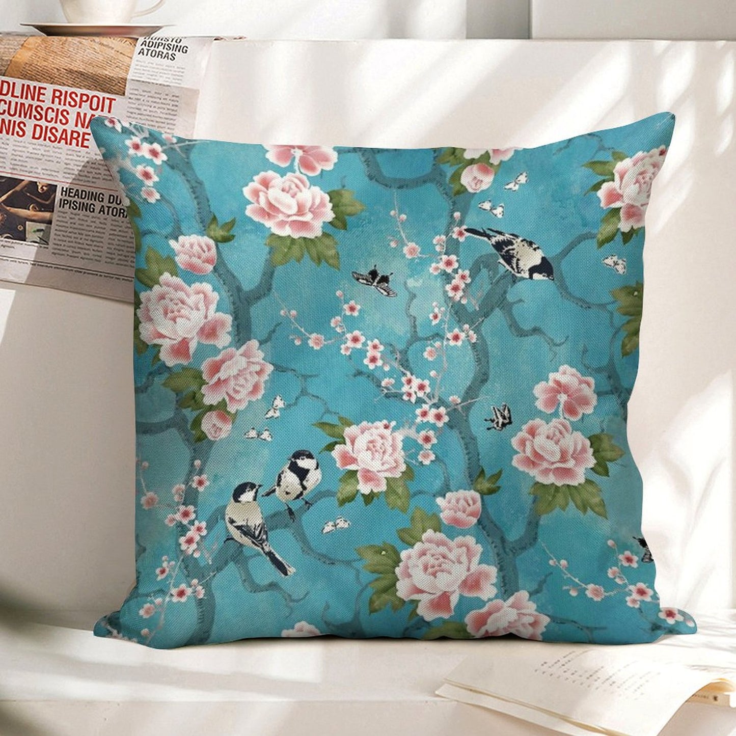 Chinoiserie Birds in Turquoise Blue Linen Throw Pillow Cover