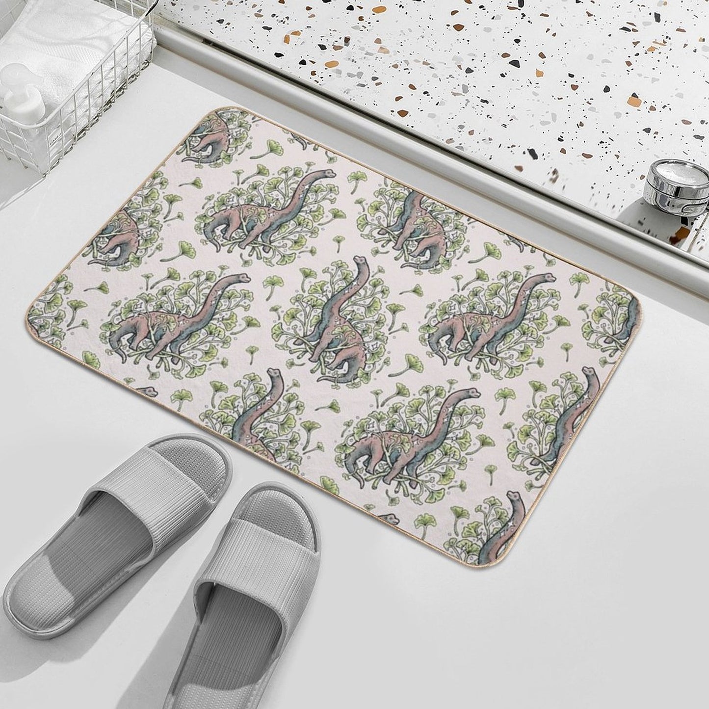 Brachio Ginkgo Calm Color Palette Dinosaur Botanical Art Easy Maintenance Bath Mat