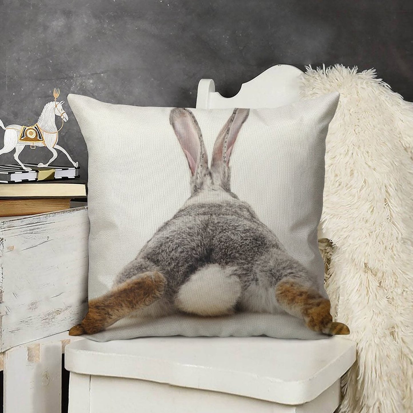 Just Relax Rabbit - View from Behind Linen Throw Pillow Cover