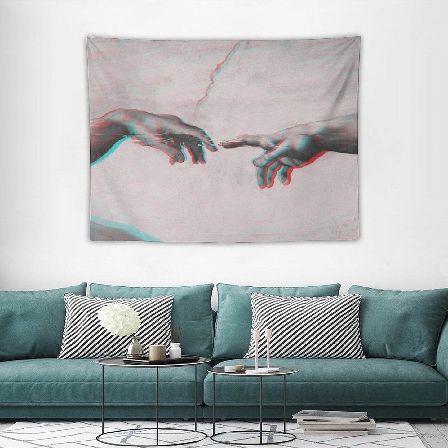 The Creation of Adam in GLITCH - Wall Tapestries Sistine Chapel Near-touching Hands of God And Adam Red Colorized Tapestry
