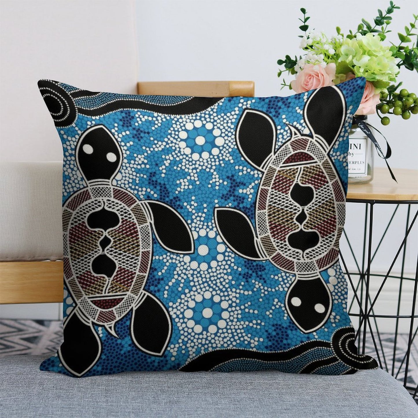 Authentic Aboriginal Art - Sea Turtles Linen Throw Pillow Cover
