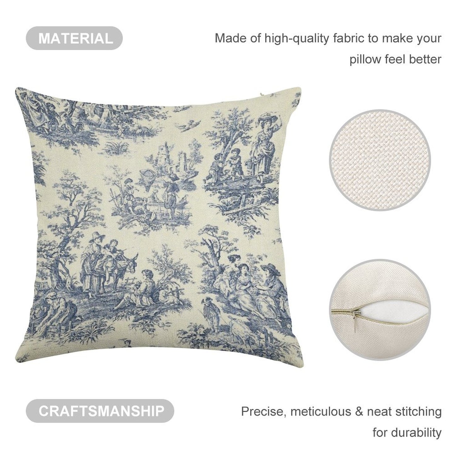 Powder Blue French Toile Picnic Designs Linen Throw Pillow Cover