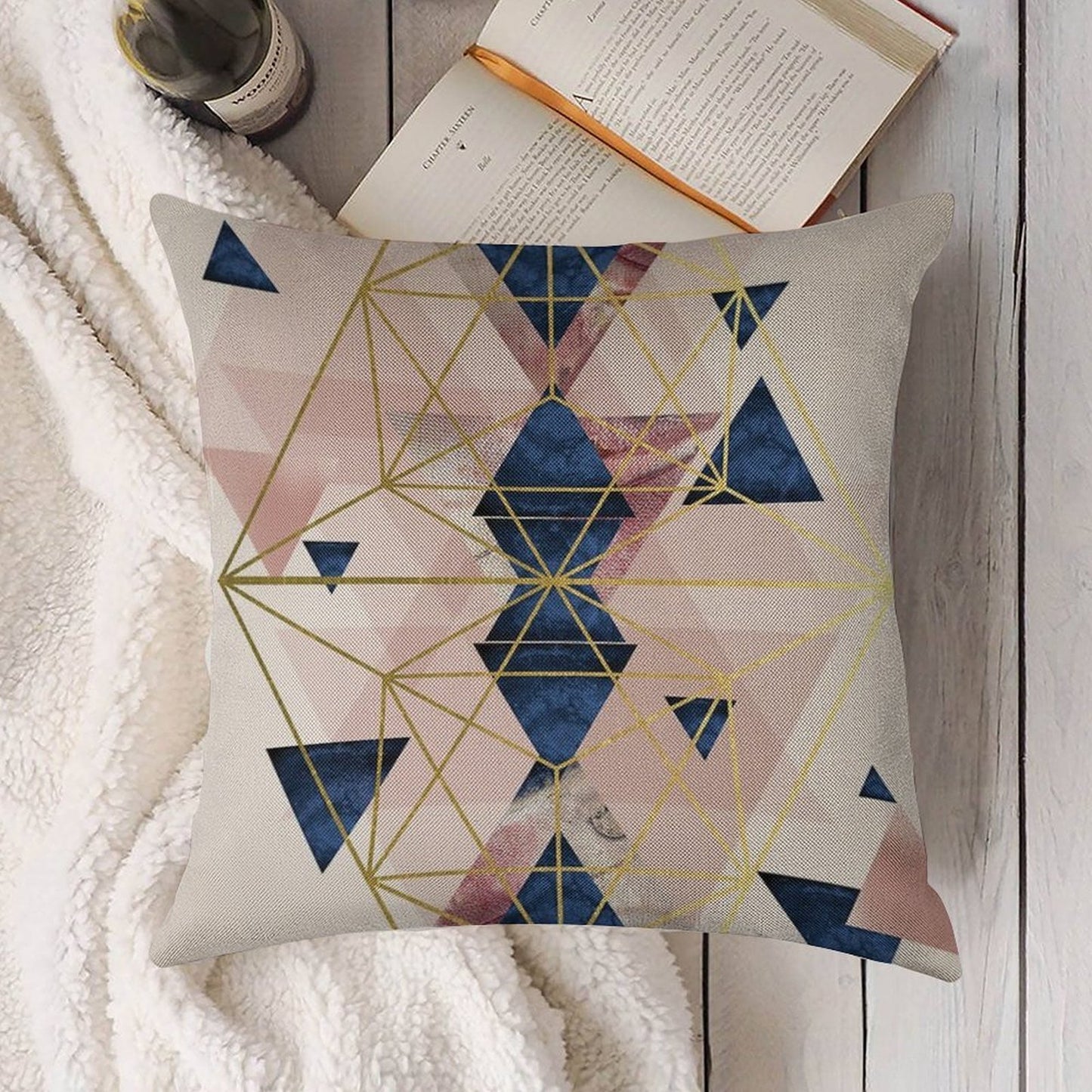 Blush Pink And Navy Geometric Linen Throw Pillow Cover