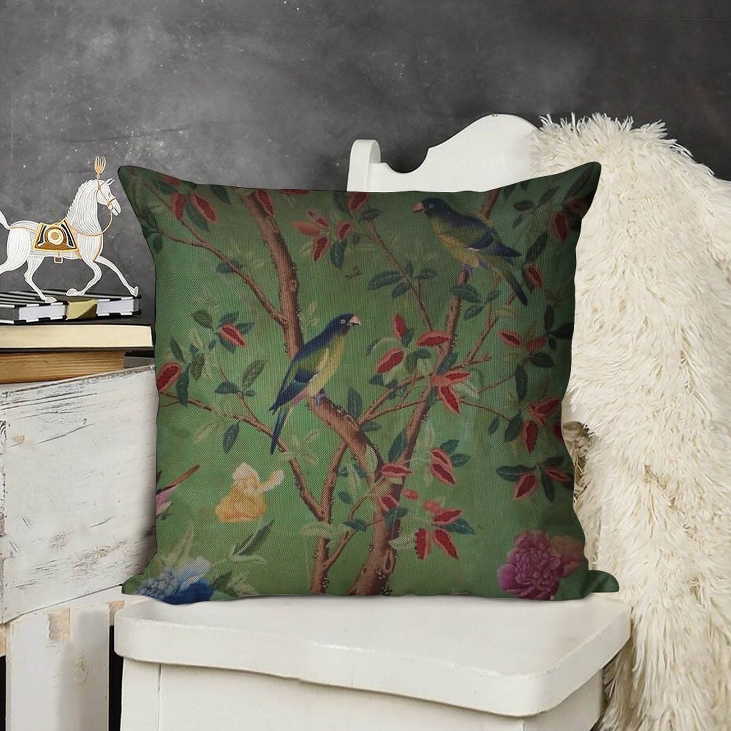 Green Dream Chinoiserie Linen Throw Pillow Cover