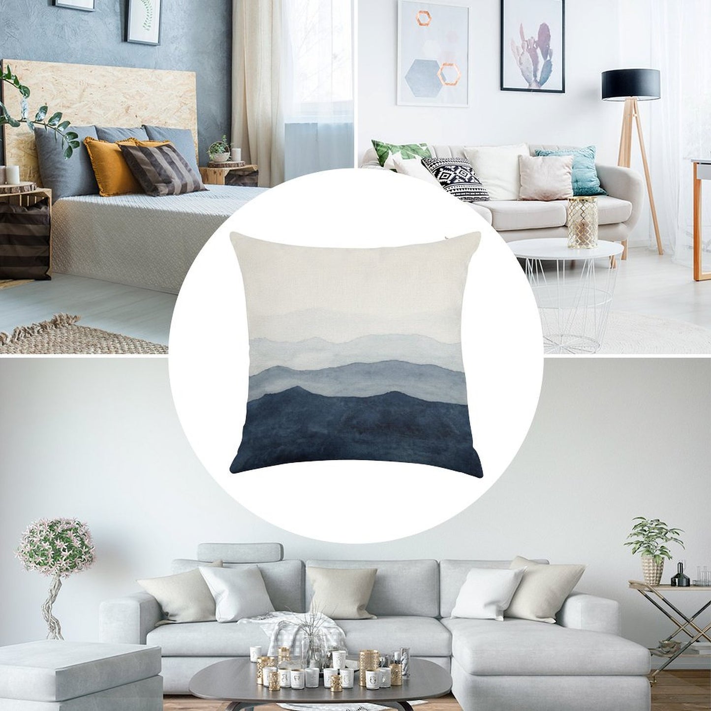 Mountains Ombre  Indigo Abstract Watercolor Linen Throw Pillow Cover