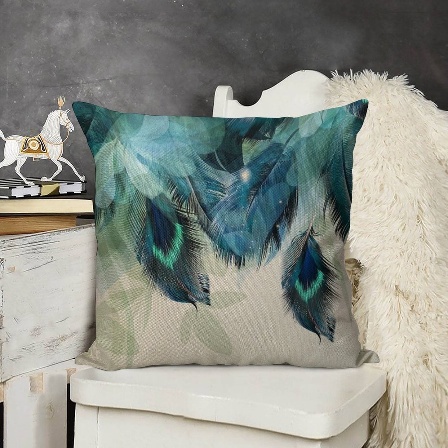Peacock Feathers Turquoise Linen Throw Pillow Cover