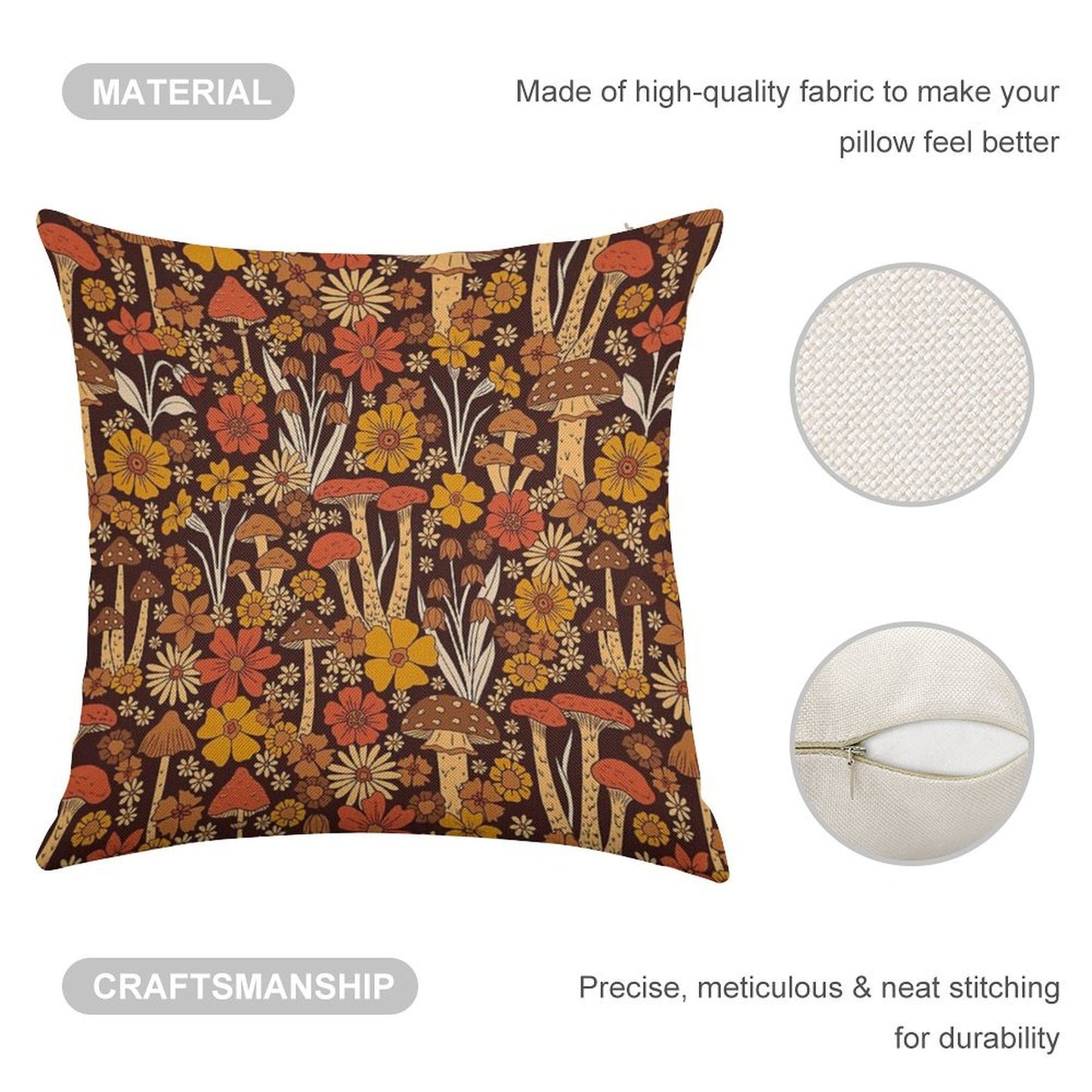 Retro 1970s Brown & Orange Mushrooms & Flowers Linen Throw Pillow Cover