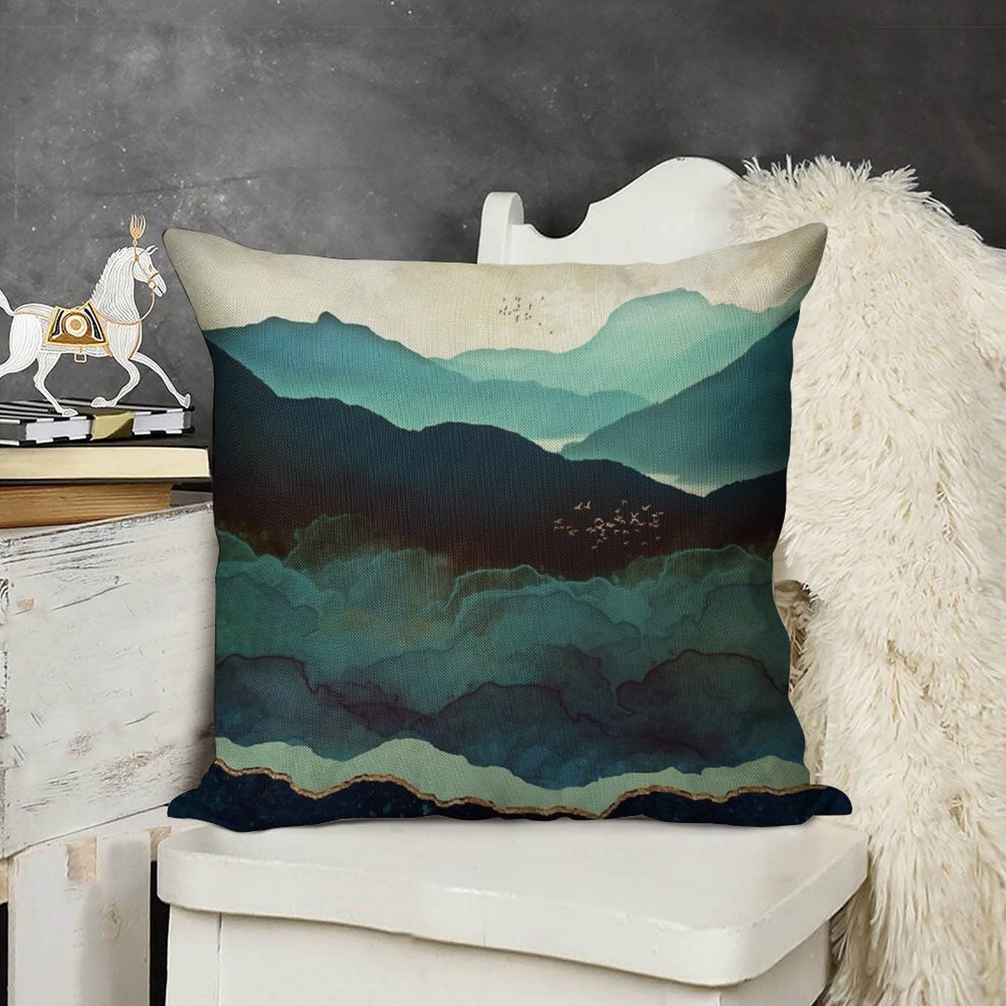 Indigo Mountains Linen Throw Pillow Cover