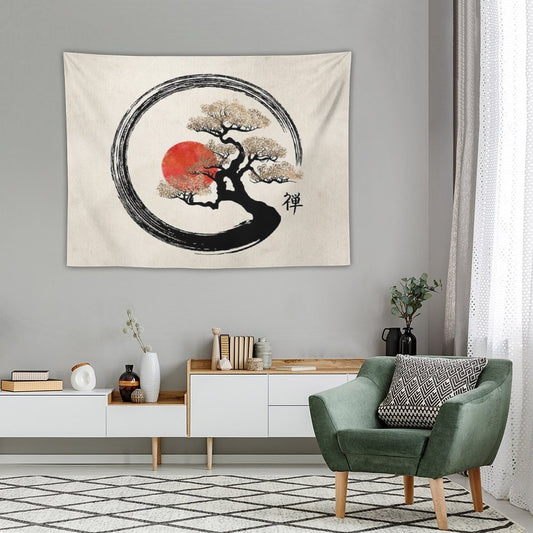 Enso Circle And Bonsai Tree on Canvas Tapestry