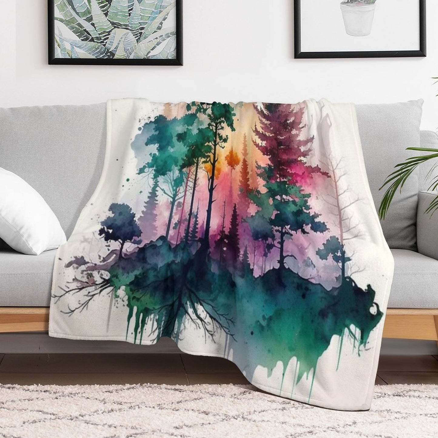 Colorful Forest Watercolor Painting Throw Blanket