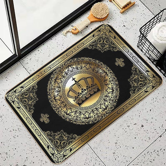 Ornate Baroque Crown Black Gold Greek Key Bath Mat