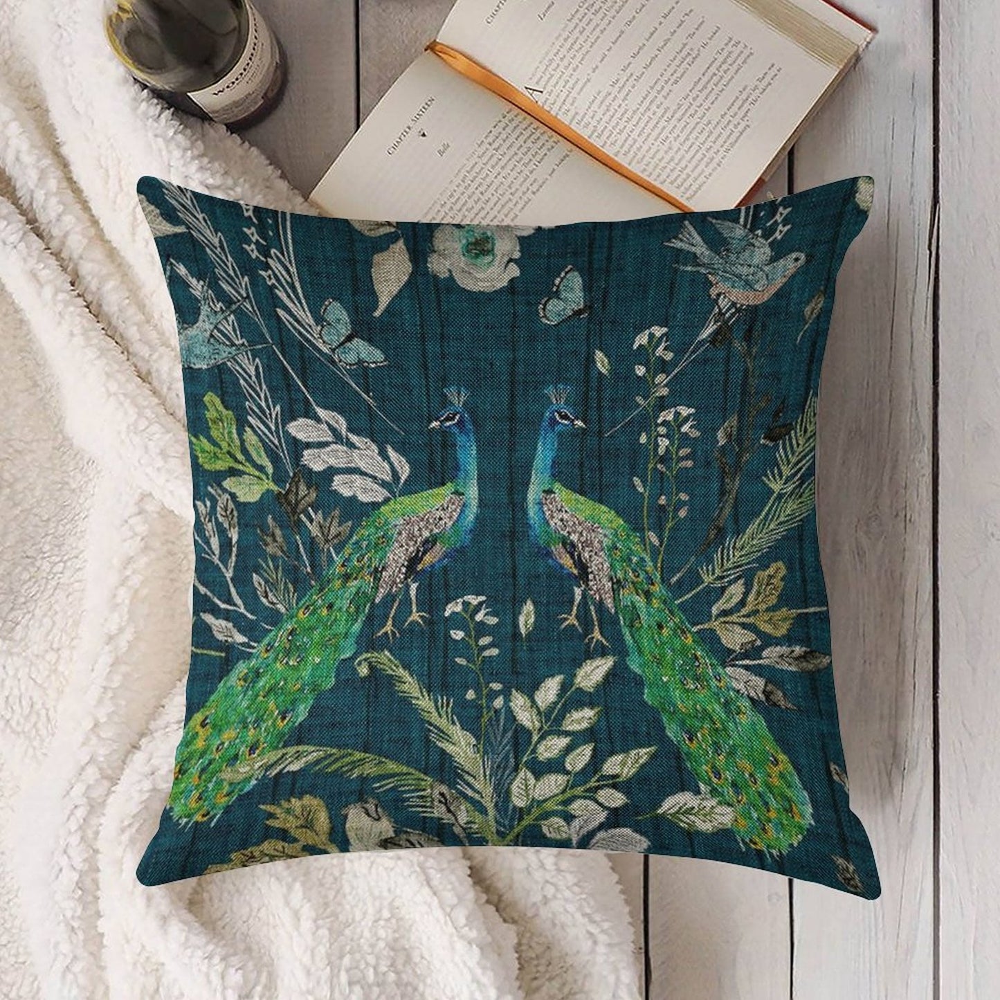 Peacock Chinoiserie (teal) Linen Throw Pillow Cover