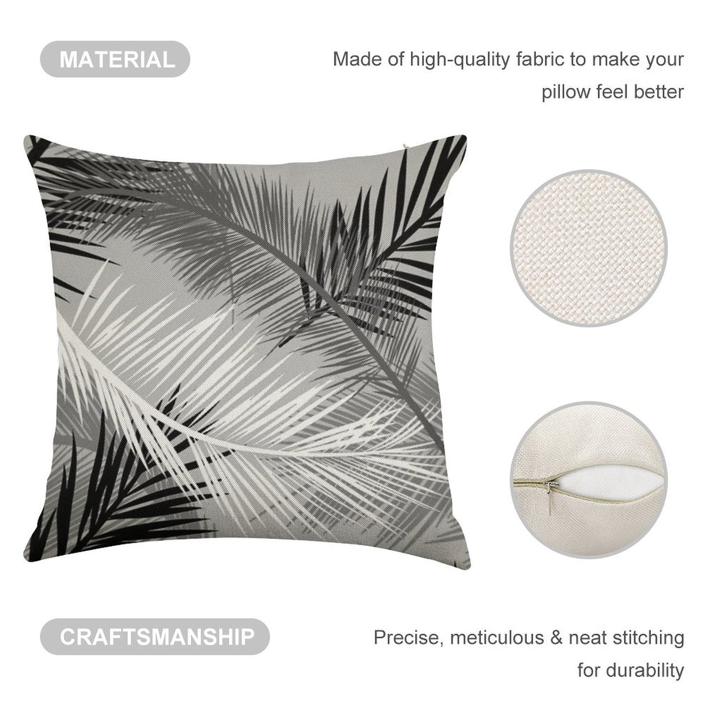 Palm Leaf Print, Gray, Black And White Linen Throw Pillow Cover