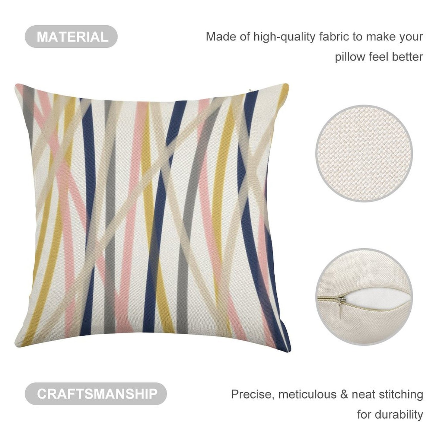 Ribbon Abstract in Mustard Yellow, Blush Pink, Navy Blue, Grey, Almond, And White. Minimalist Modern Linen Throw Pillow Cover