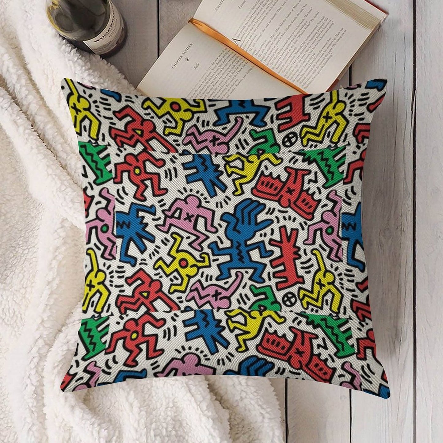 Haring Pop Art Linen Throw Pillow Cover