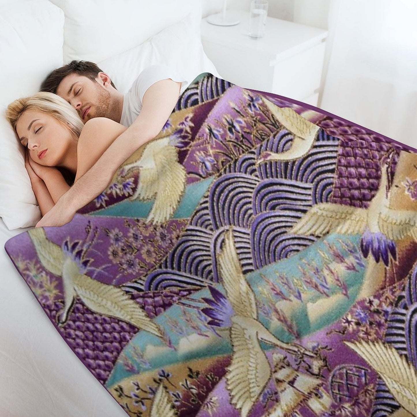 Japanese Crane Kimono Style Embroidered Pattern Throw Blanket