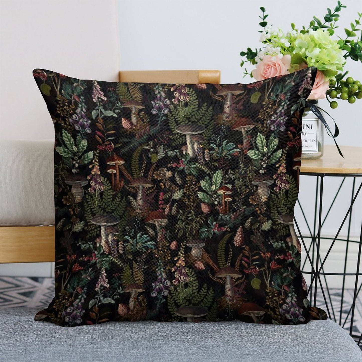Vintage Mysterious Mushrooms Forest Botanical Botanical Night Garden Pattern NightGarden Linen Throw Pillow Cover