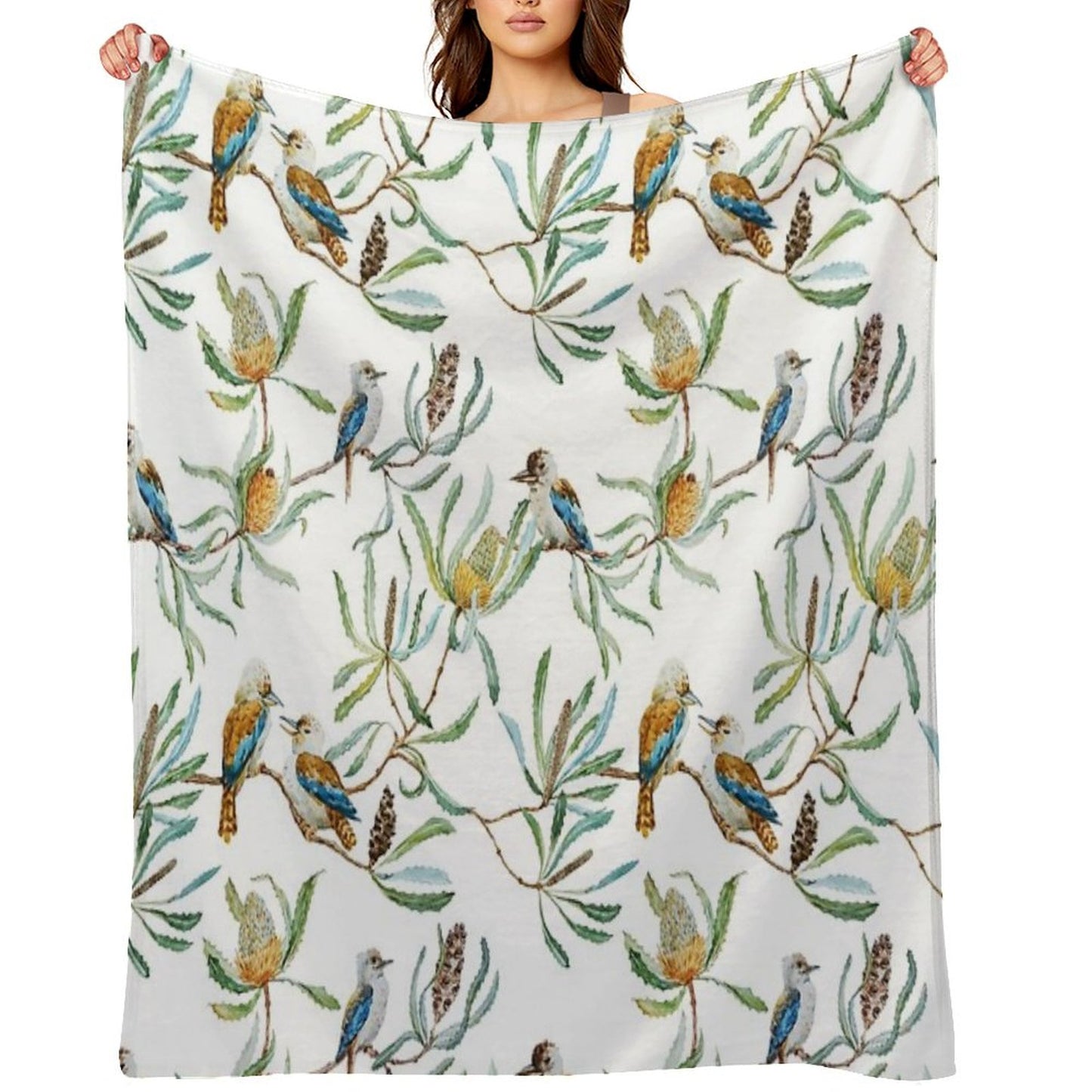Australian Kookaburras, Waratah Flowers, Leaves Pattern Throw Blanket