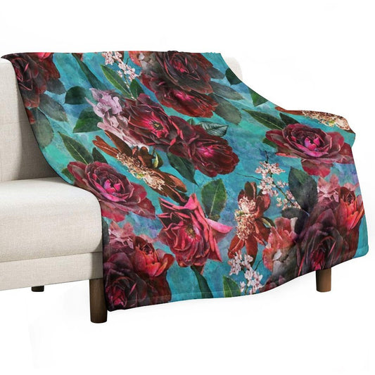Turquoise Vintage Summer Roses Botanical Garden NightGarden Throw Blanket