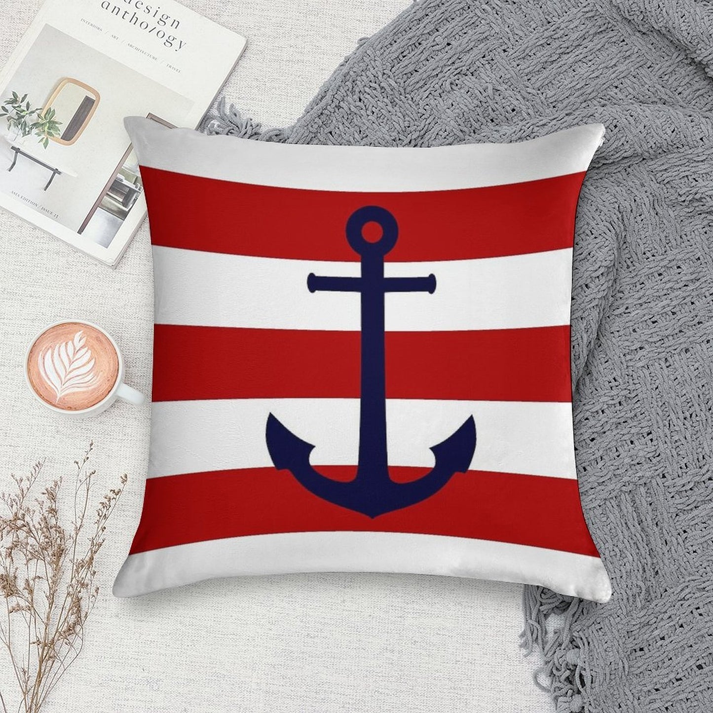 Nautical Navy Blue Anchor On Red Stripes Soft Decorative Cover Throw Pillow