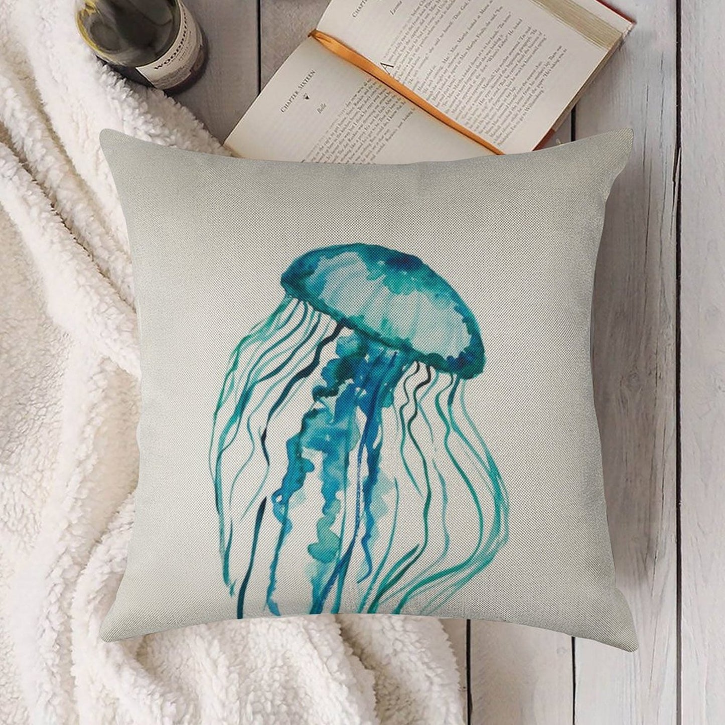 Watercolor Jellyfish Linen Throw Pillow Cover