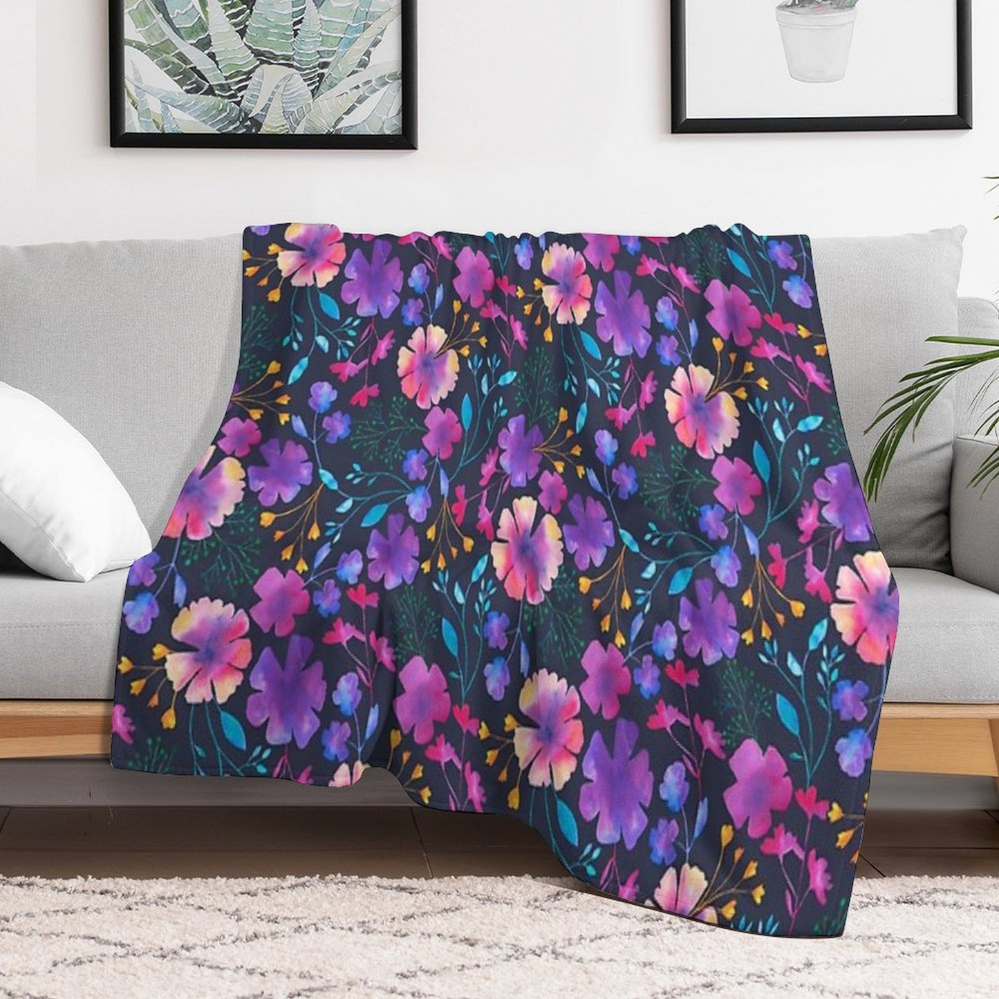 Fluro Floral Watercolour Flower Pattern Throw Blanket