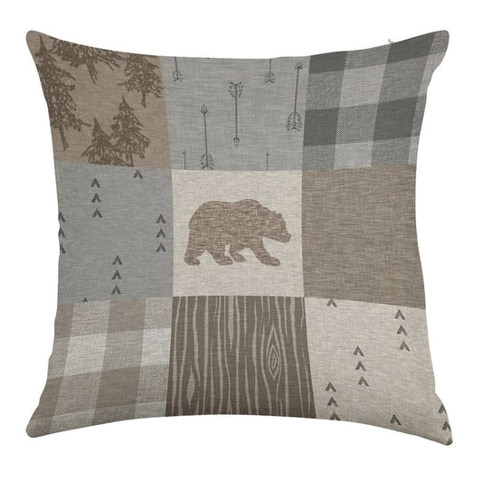 Bear Patchwork - Rustic Neutrals Linen Throw Pillow Cover