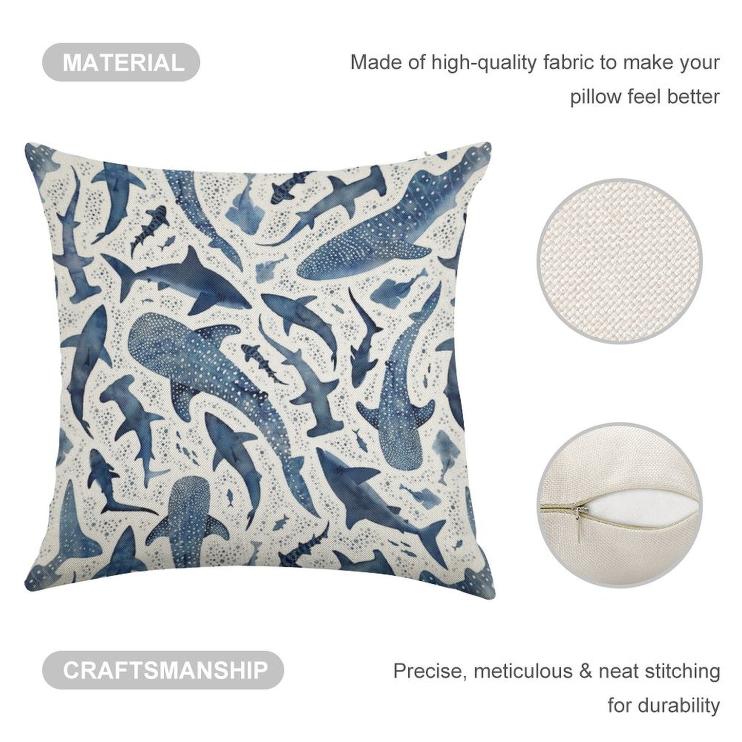 Monochrome Blue Watercolour Shark Ocean on White Linen Throw Pillow Cover