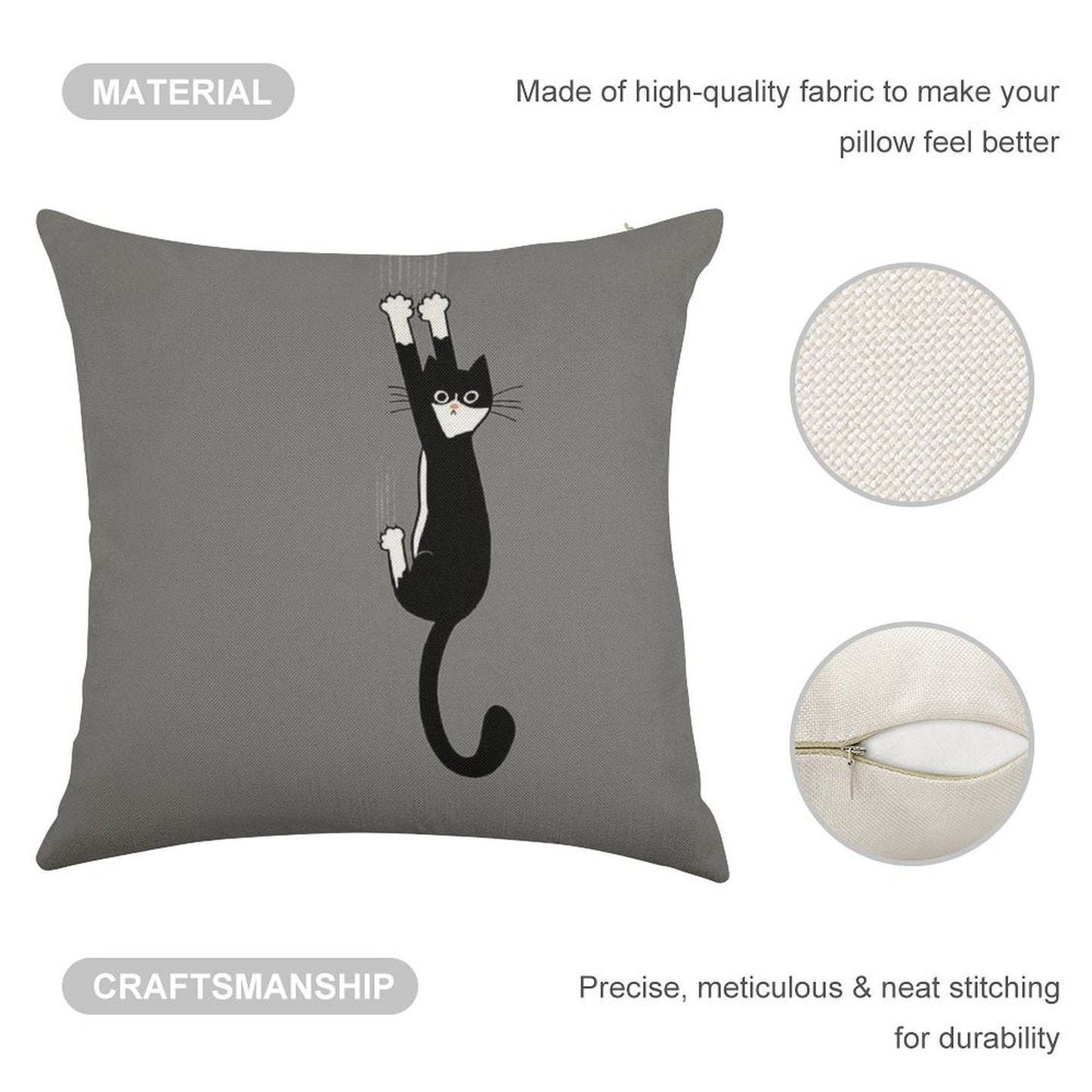 Black And White Cat Hanging On  Funny Tuxedo Cat Linen Throw Pillow Cover