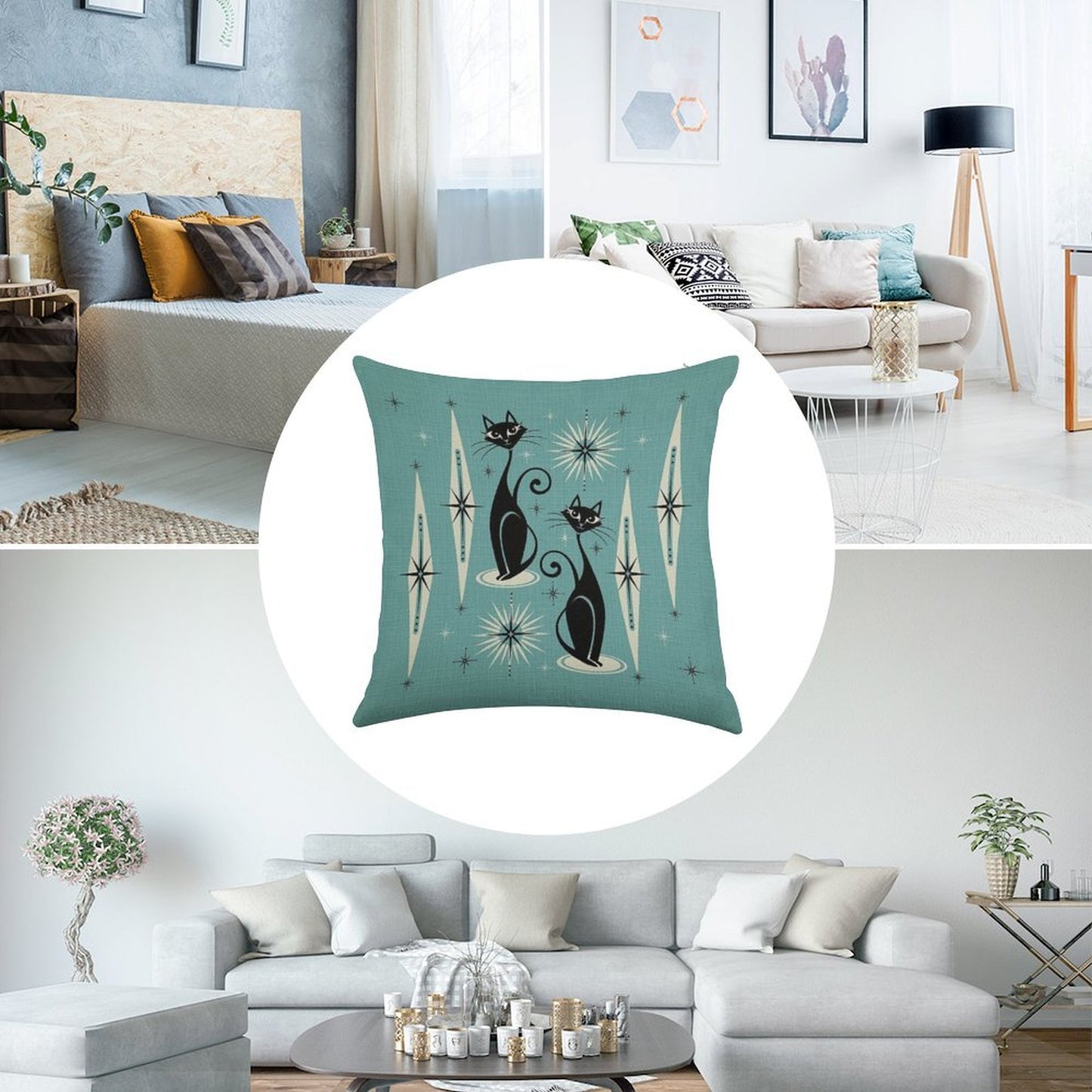 Mid Century Meow on Blue - Large Scale Linen Throw Pillow Cover