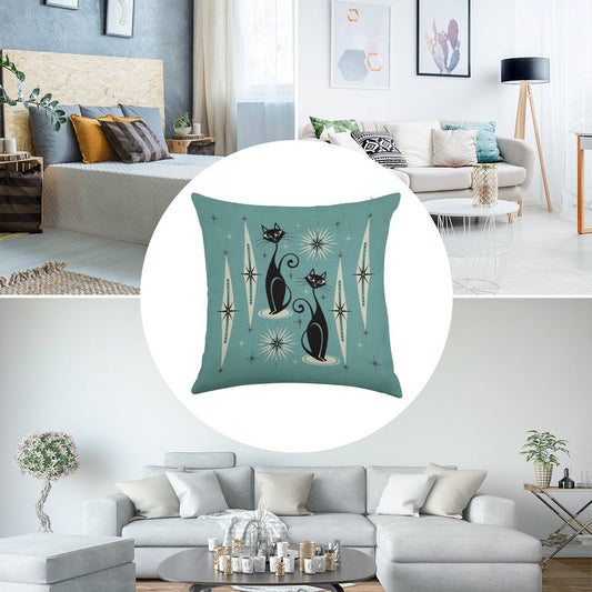 Mid Century Meow on Blue - Large Scale Linen Throw Pillow Cover