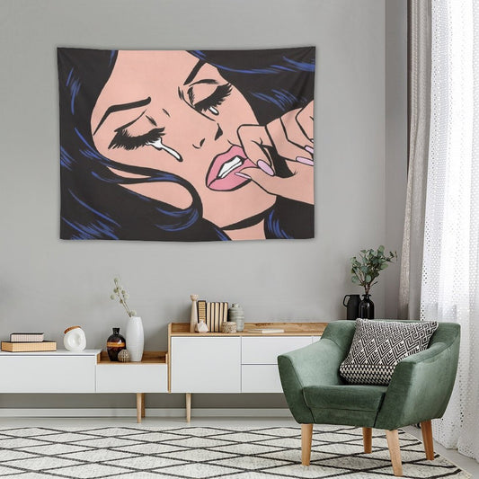 Black Hair Crying Comic Girl Tapestry