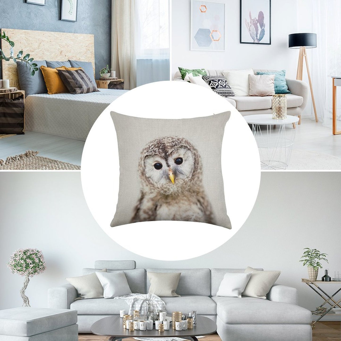 Baby Owl - Colorful Linen Throw Pillow Cover