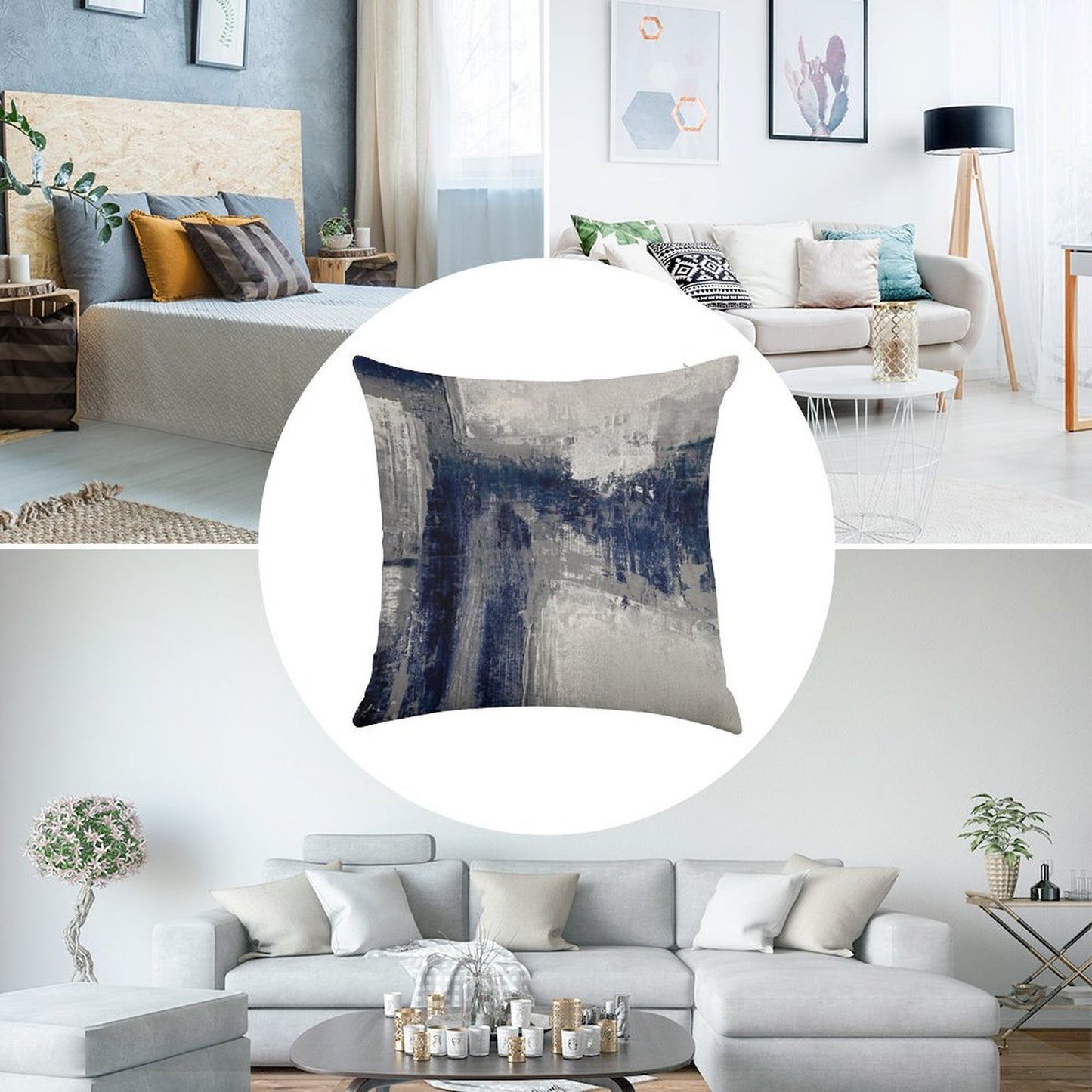 Blue Gray Abstract Linen Throw Pillow Cover