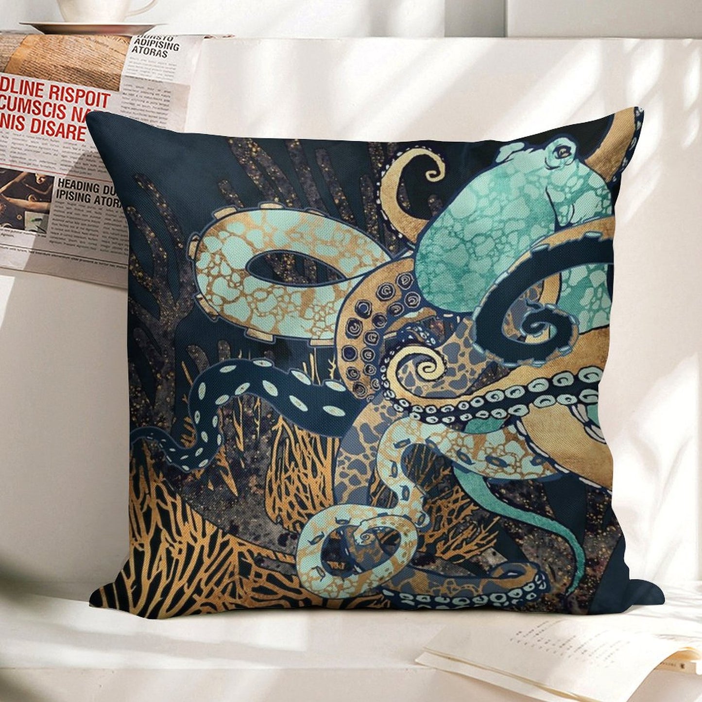 Metallic Octopus II Linen Throw Pillow Cover