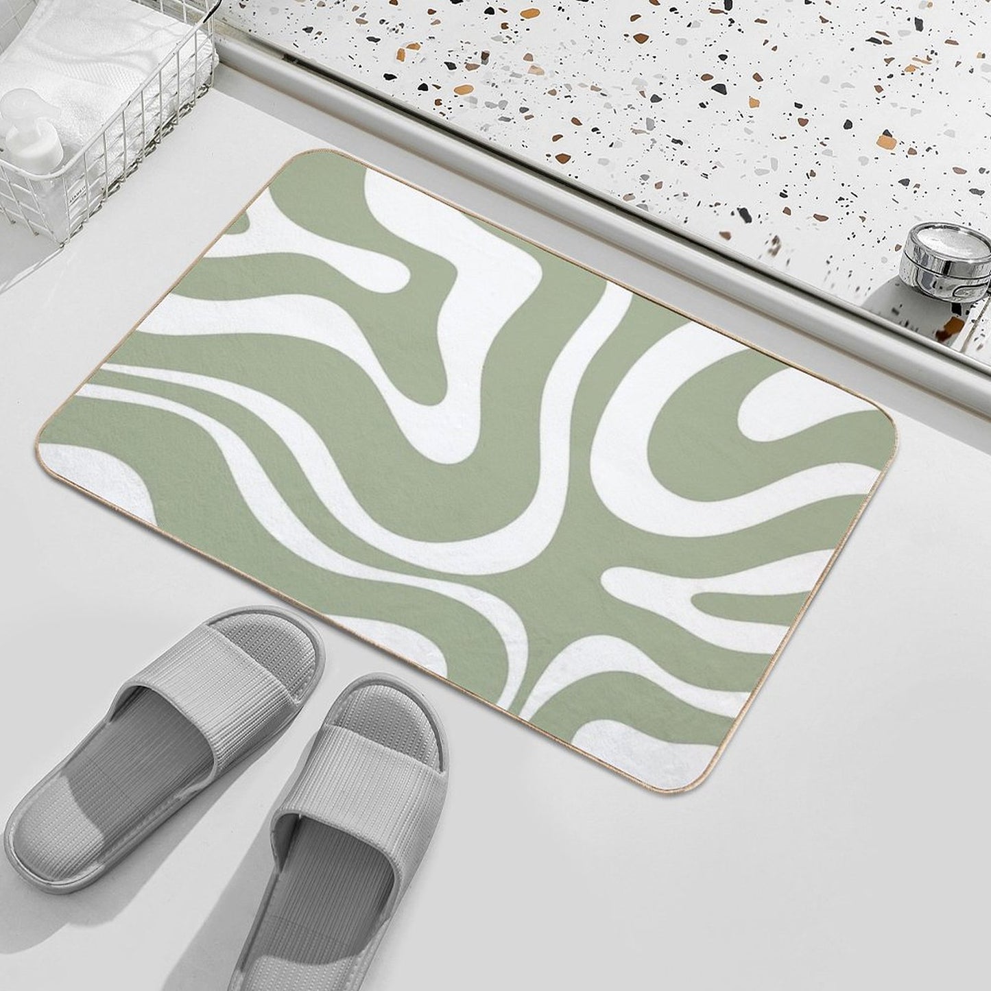 Retro Modern Liquid Swirl Abstract Pattern Square in Sage Green And White Bath Mat