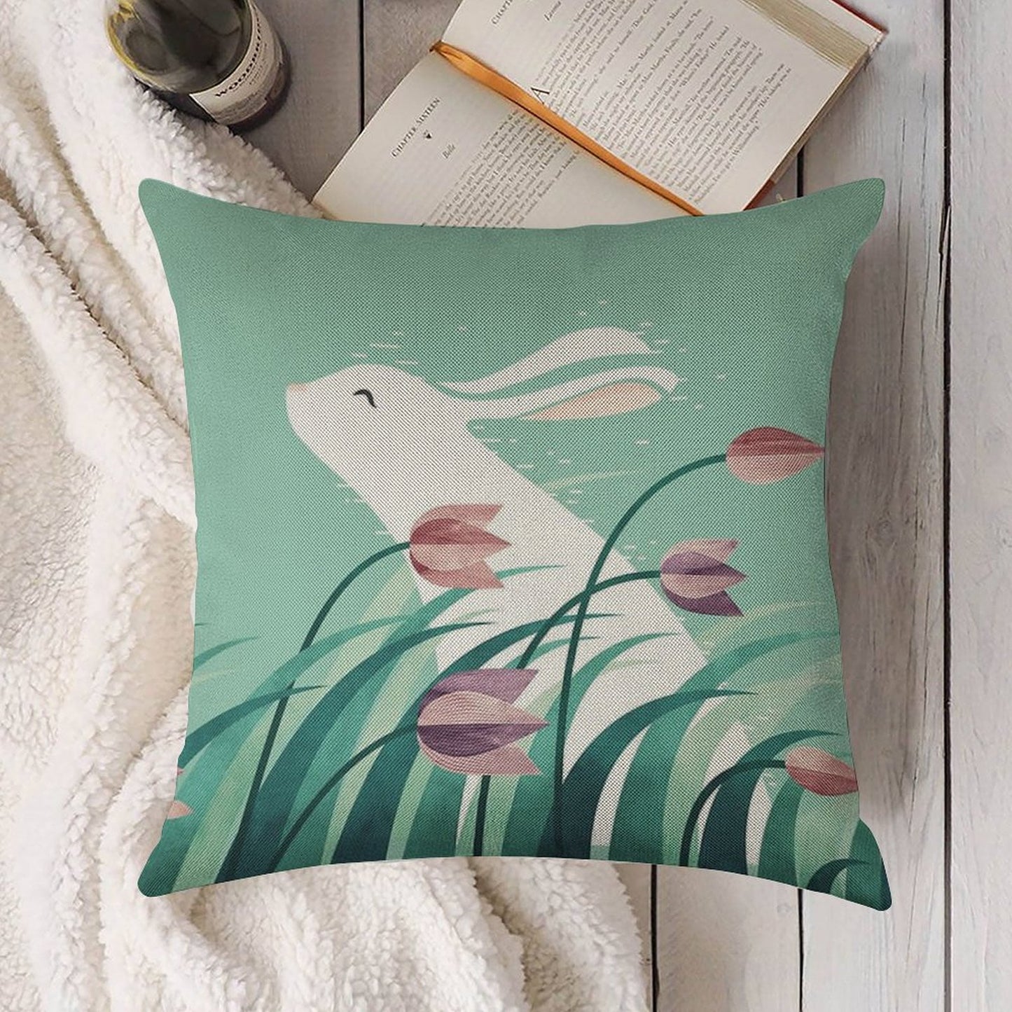 Rabbit, Resting Linen Throw Pillow Cover
