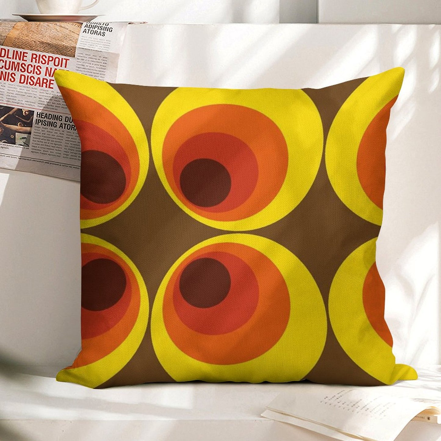 70s, 80s Funky Vintage Circle Pattern Linen Throw Pillow Cover