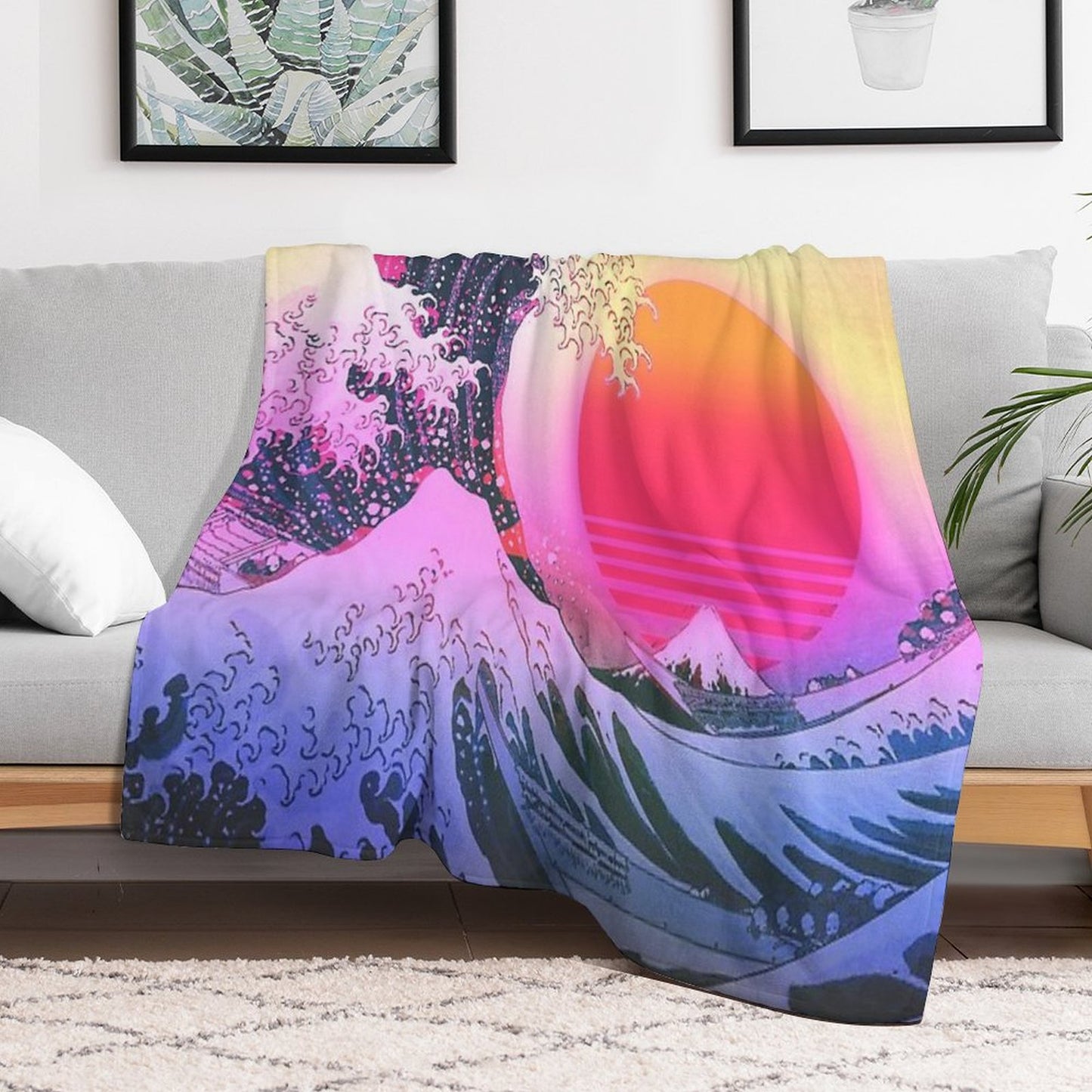 Great Wave Off Kanagawa Vaporwave Retro Aesthetic Throw Blanket