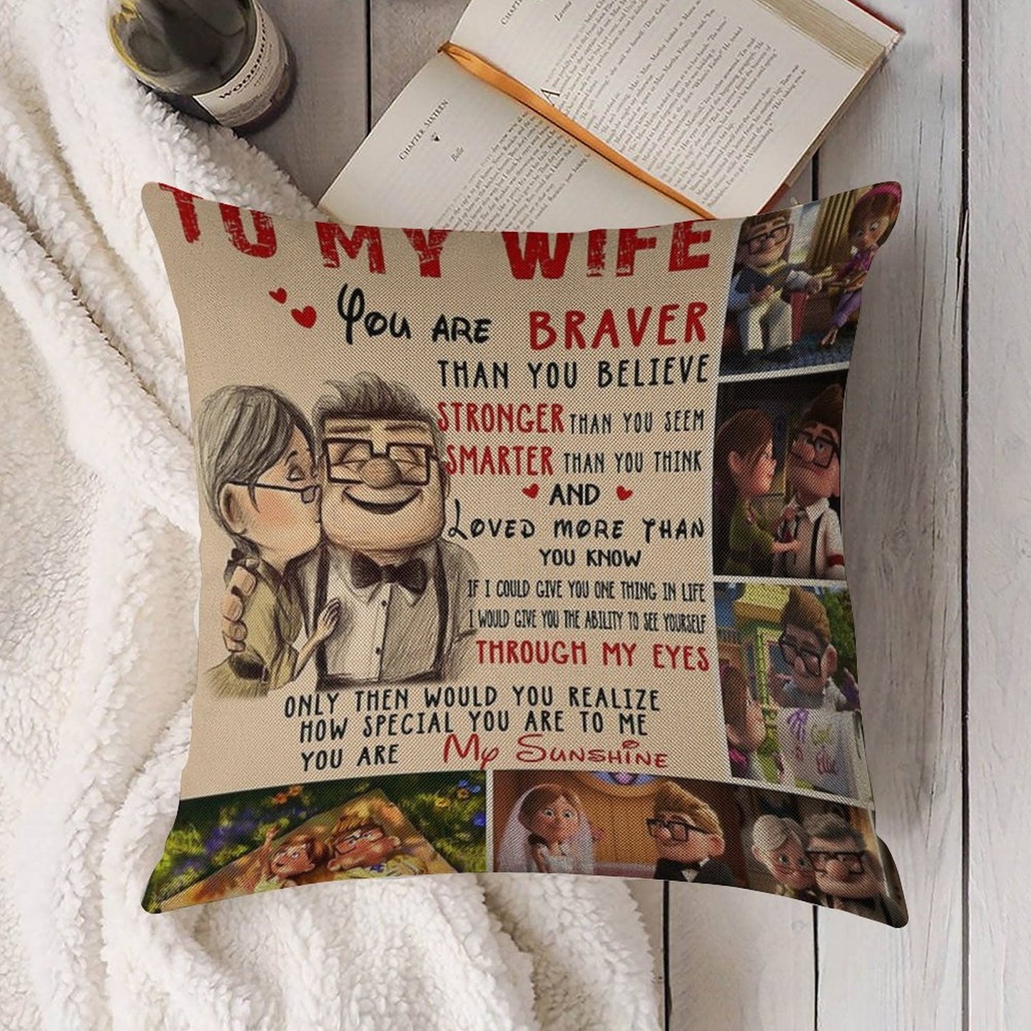 Carl & Ellie To My Wife You're Braver Than You Believe Quilt Blanket Fleece Blanket To My Wife Blanket Warmer Gift Gift For Her Linen Throw Pillow Cover