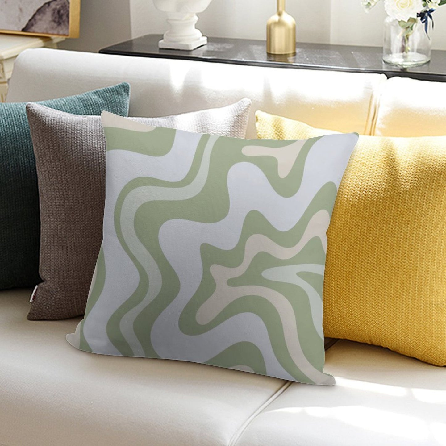Liquid Swirl Contemporary Abstract in Light Sage Green Grey Almond Soft Short Plush Fabric Throw Pillow