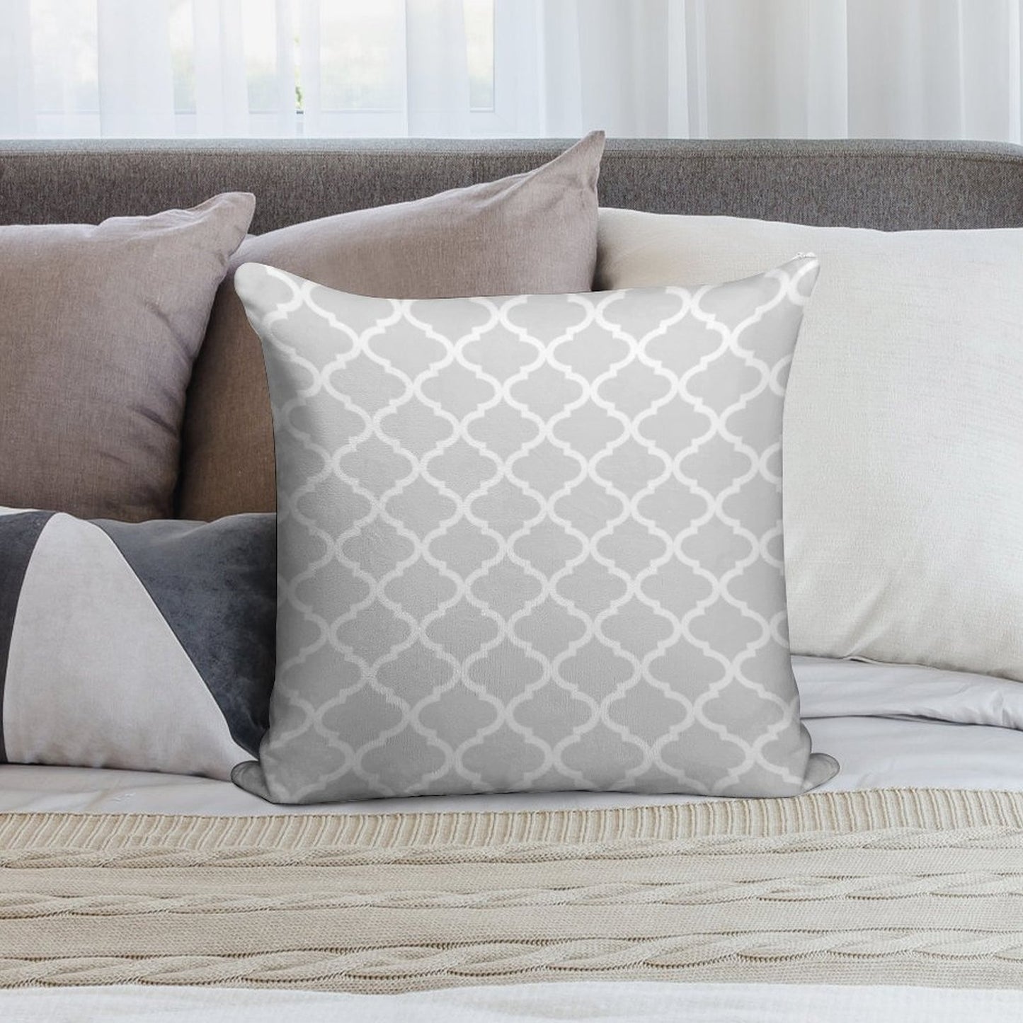 Light Grey Quatrefoil Lattice Pattern Soft Warmth Comfort Throw Pillow