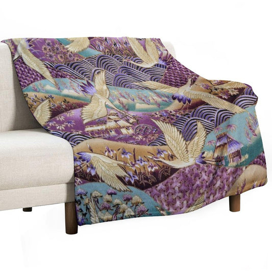 Japanese Crane Kimono Style Embroidered Pattern Throw Blanket