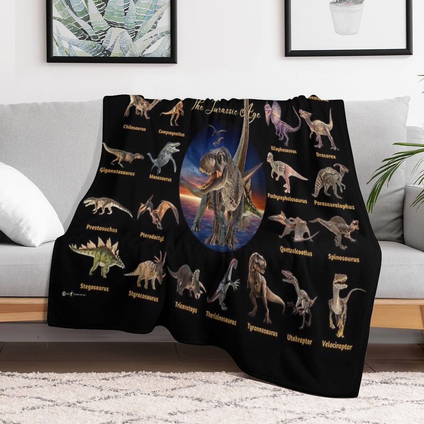 Dinosaurs The Jurassic Age (Black Background) Throw Blanket