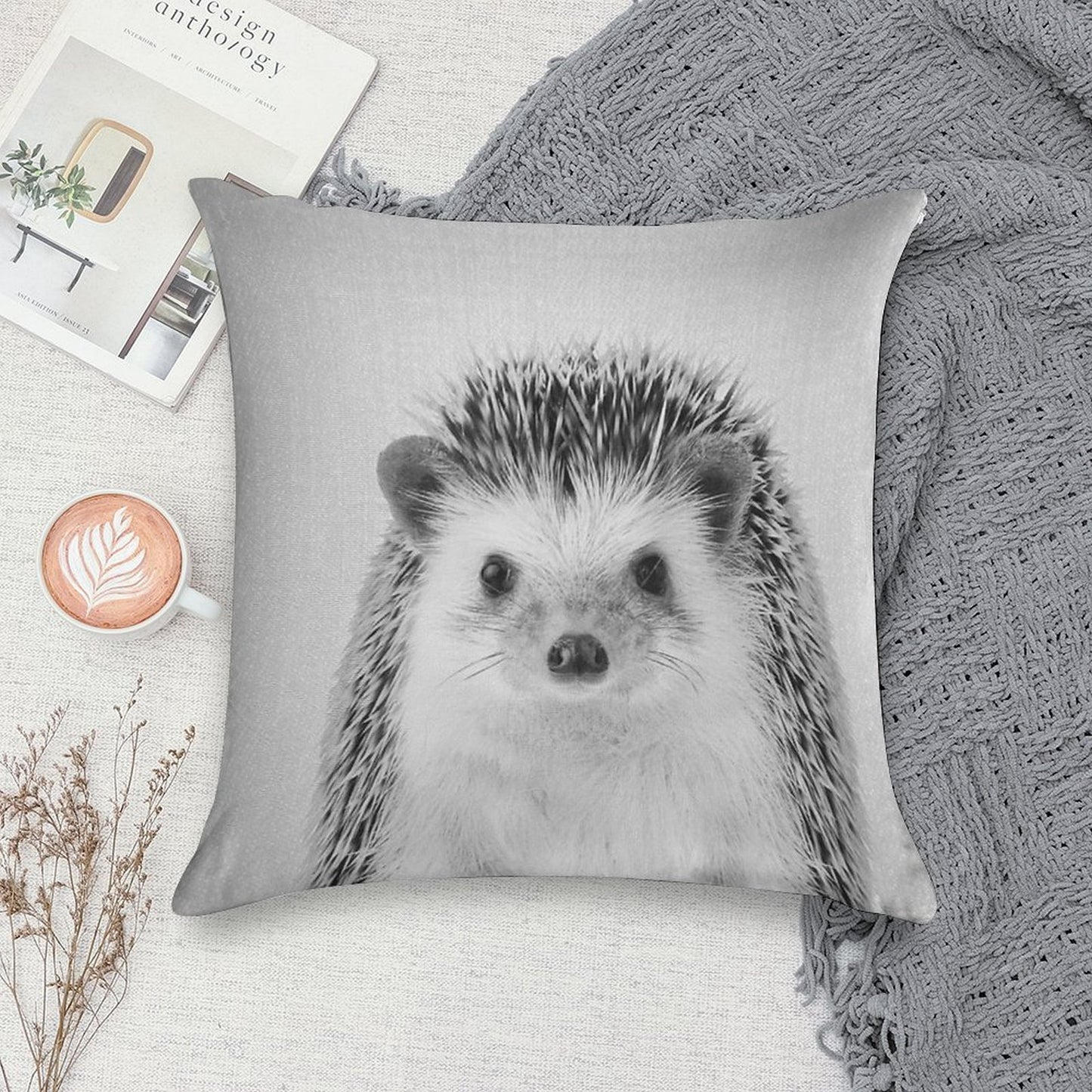 Hedgehog - Black & White Soft Luxury Feel Throw Pillow