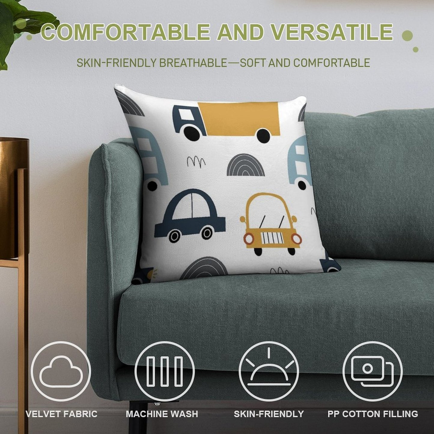 Kids Cars And Trucks Soft Washable Throw Pillow