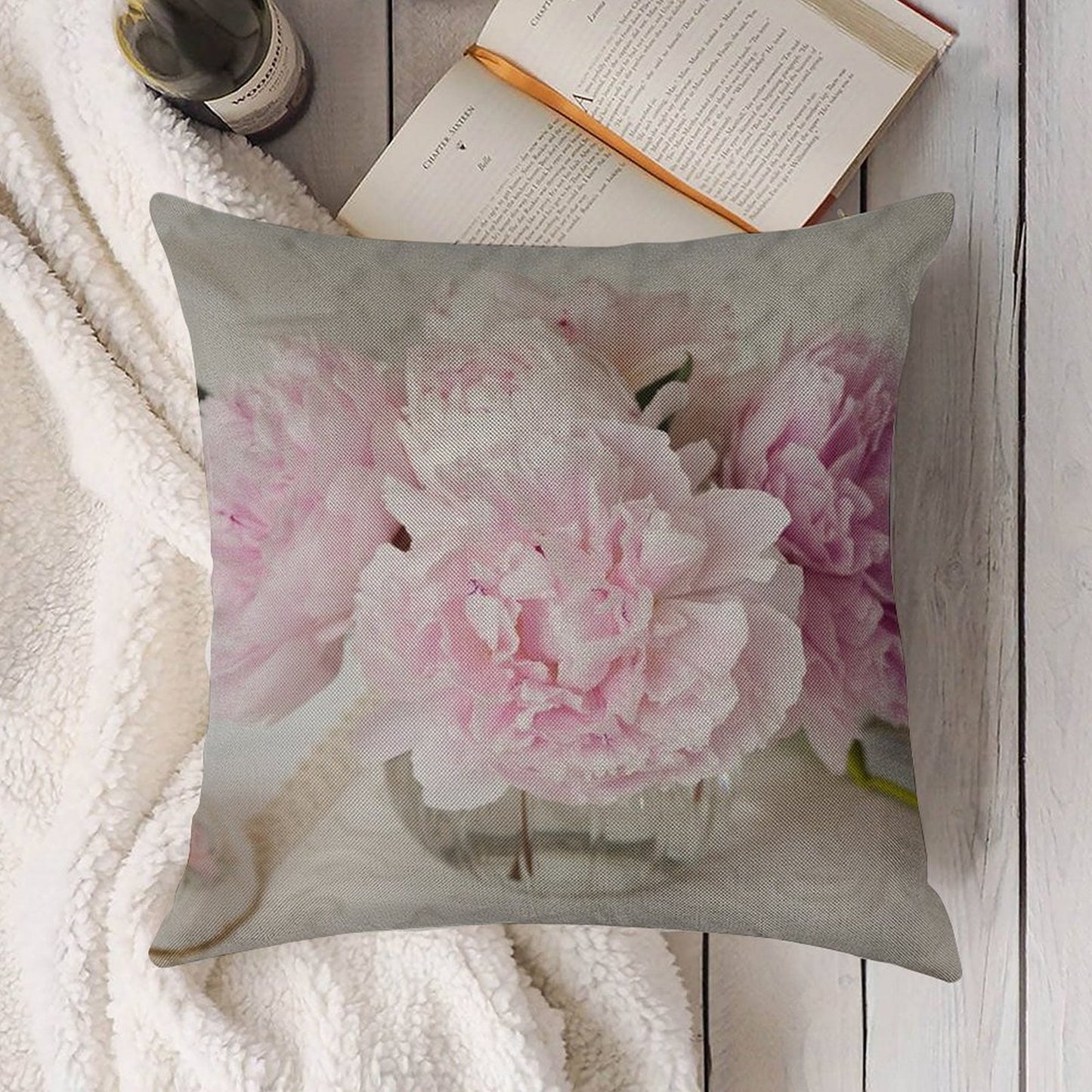 Pink Peonies Linen Throw Pillow Cover