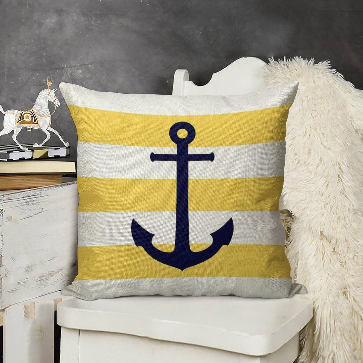 Nautical Navy Blue Anchor On Mustard Yellow Stripes Linen Throw Pillow Cover
